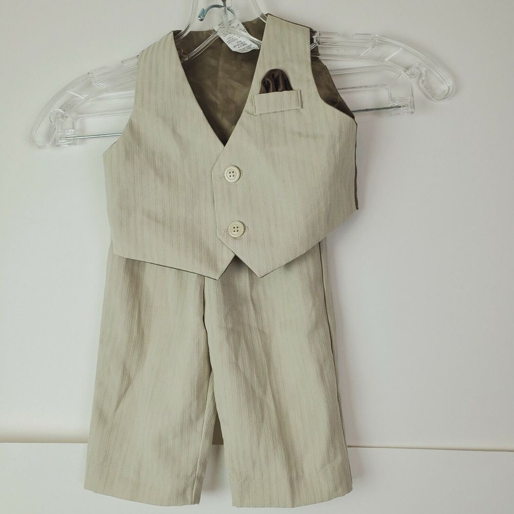 Kids Baby Boy 6-9M Formal Dress Up Party Tan Striped Pants and Vest